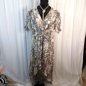 Express Black and White Animal Print High -Low  Maxi Dress Puff Sleeves Size: L